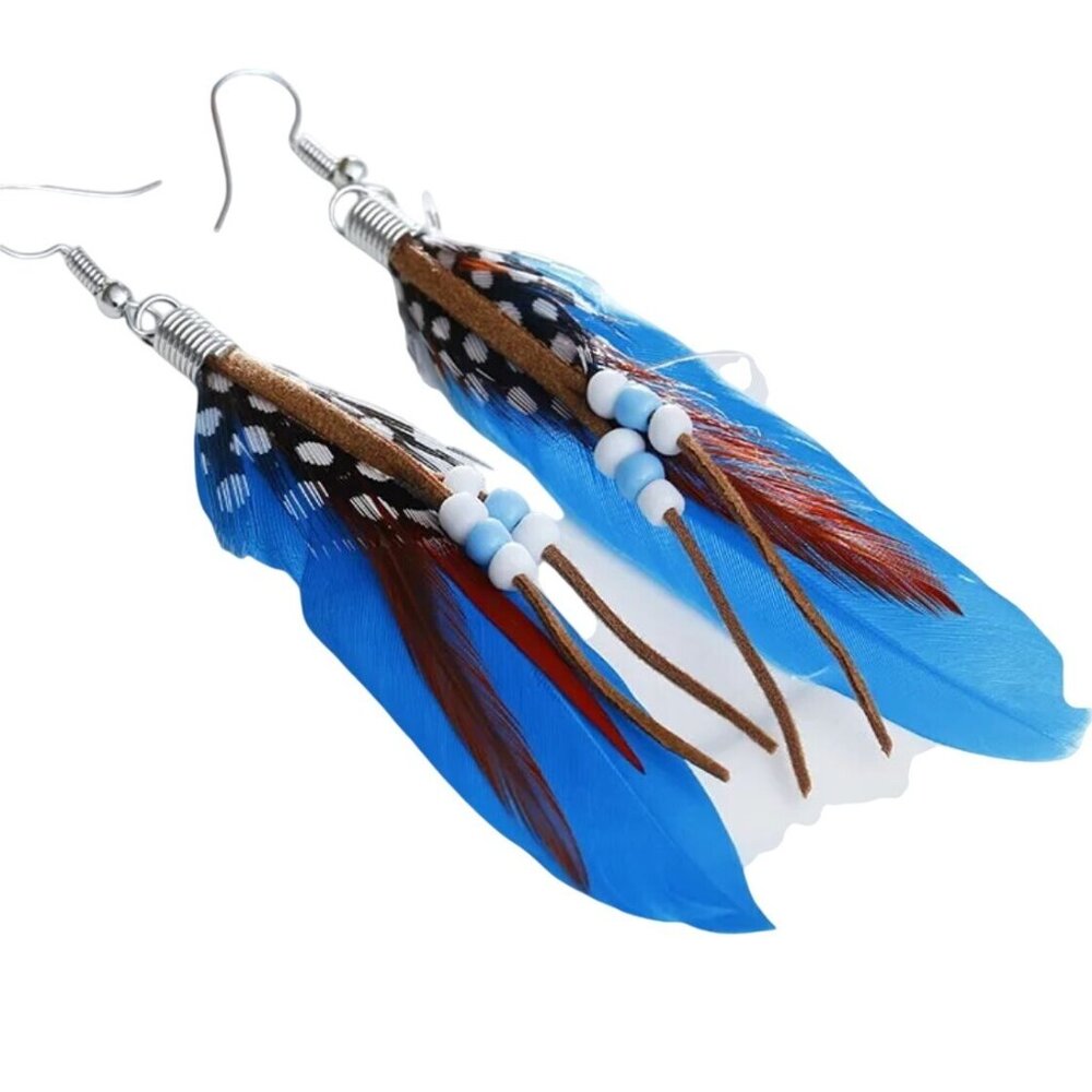 Bohemian Style 3" Feather Earrings With Blue & Brown Feathers